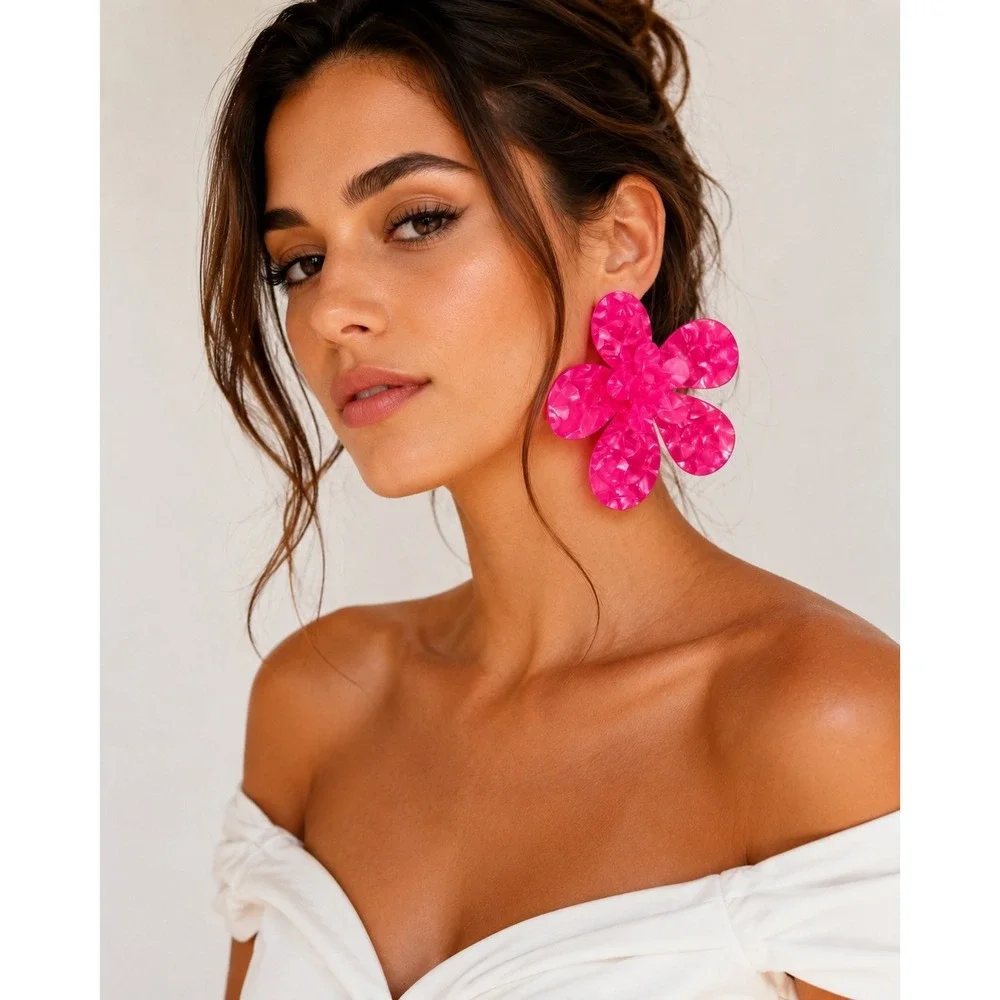 Hot‎ Pink Pearlescent Acetate Flower Statement Earrings Oversized Floral Studs